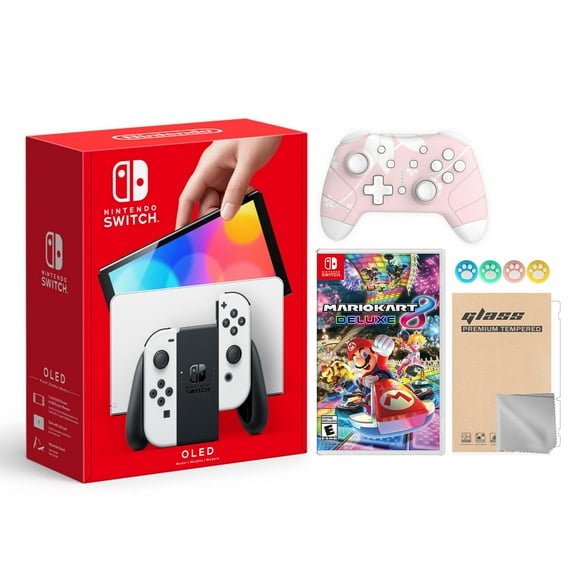 2021 New Nintendo Switch OLED Model White Joy Con 64GB Console Improved HD Screen & LAN-Port Dock with Mario Kart 8 Deluxe And Mytrix Wireless Switch Pro Controller and Accessories