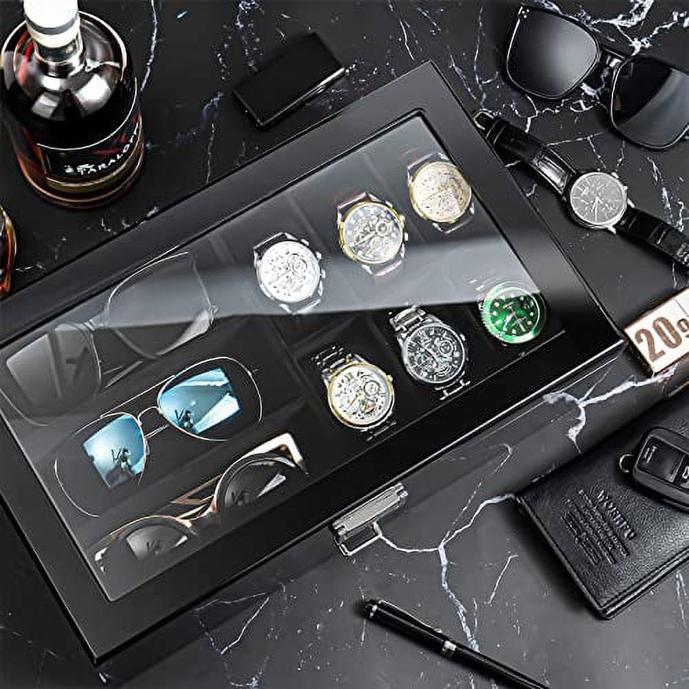 ProCase Wooden Men's Jewelry Box, Watch and Sunglasses Box Organizer for Men, 2-Tier Watch Holder and Glasses Display Cases with Clear Glass Top and Storage Drawer -Black