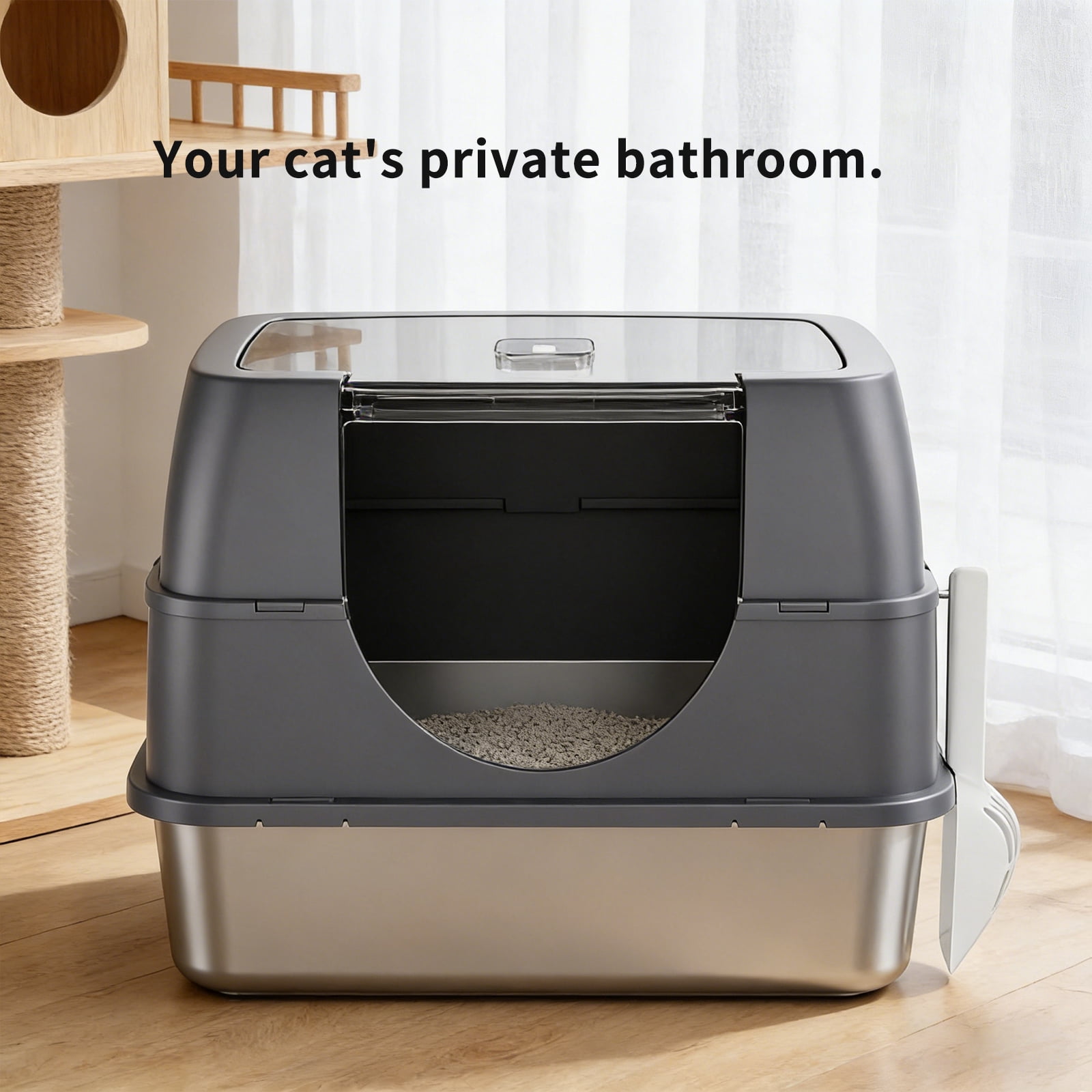 Enclosed Cat Litter Box with Scoop, Side Entry Cat Litterbox for Kitty & Multi-Cat, Anti-Leakage, Non-Sticky (Gray)