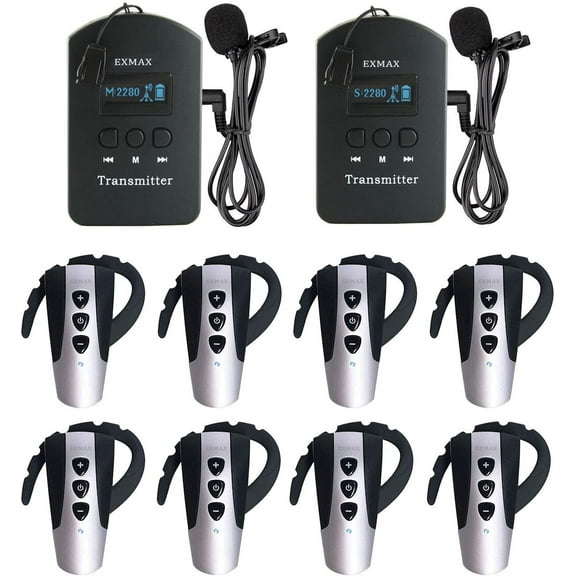 EXMAX 2.4G Wireless Equipment Audio Tour Guide System Language Interpretating System for Multilingual Meetings Simultaneous Translation Seminars Worship Exhibitions(2 Transmitters 8 Receivers)