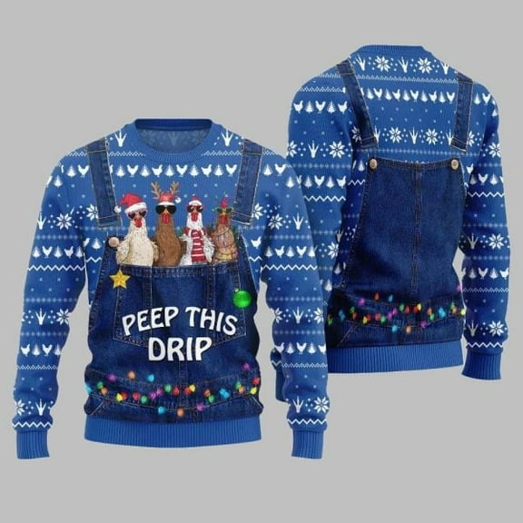 2025 Christmas Chicken Peep This Drip Ugly Christmas Sweater 002