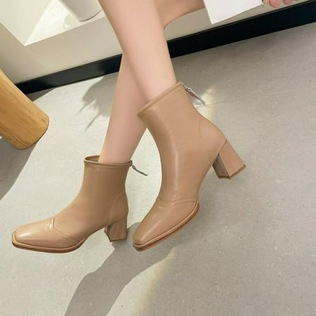 

KEUSN Women Ankle Boots Autumn and Winter Fashion Square Head Solid Color Comfortable Square Heel Thick Heel Zipper