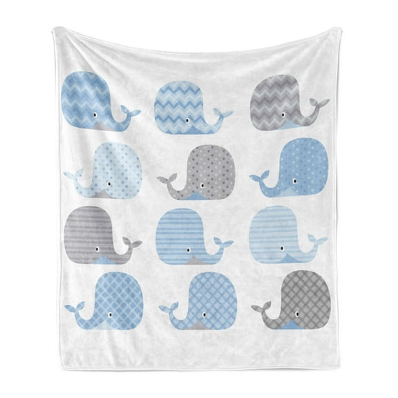 Baby Shower Soft Flannel Fleece Blanket, Chevron Dots and Stripes Whale Composition Cartoon Illustration, Cozy Plush for Indoor and Outdoor Use, 70" x 90", Pale Blue Grey and White, by Ambesonne