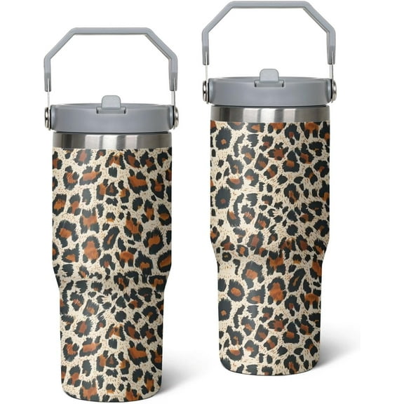 30 oz Leopard Tumbler with Handle, Large Insulated Tumbler with Flip & Straw Coffee Mug Cup Stainless Steel Gifts for Women Men Youth