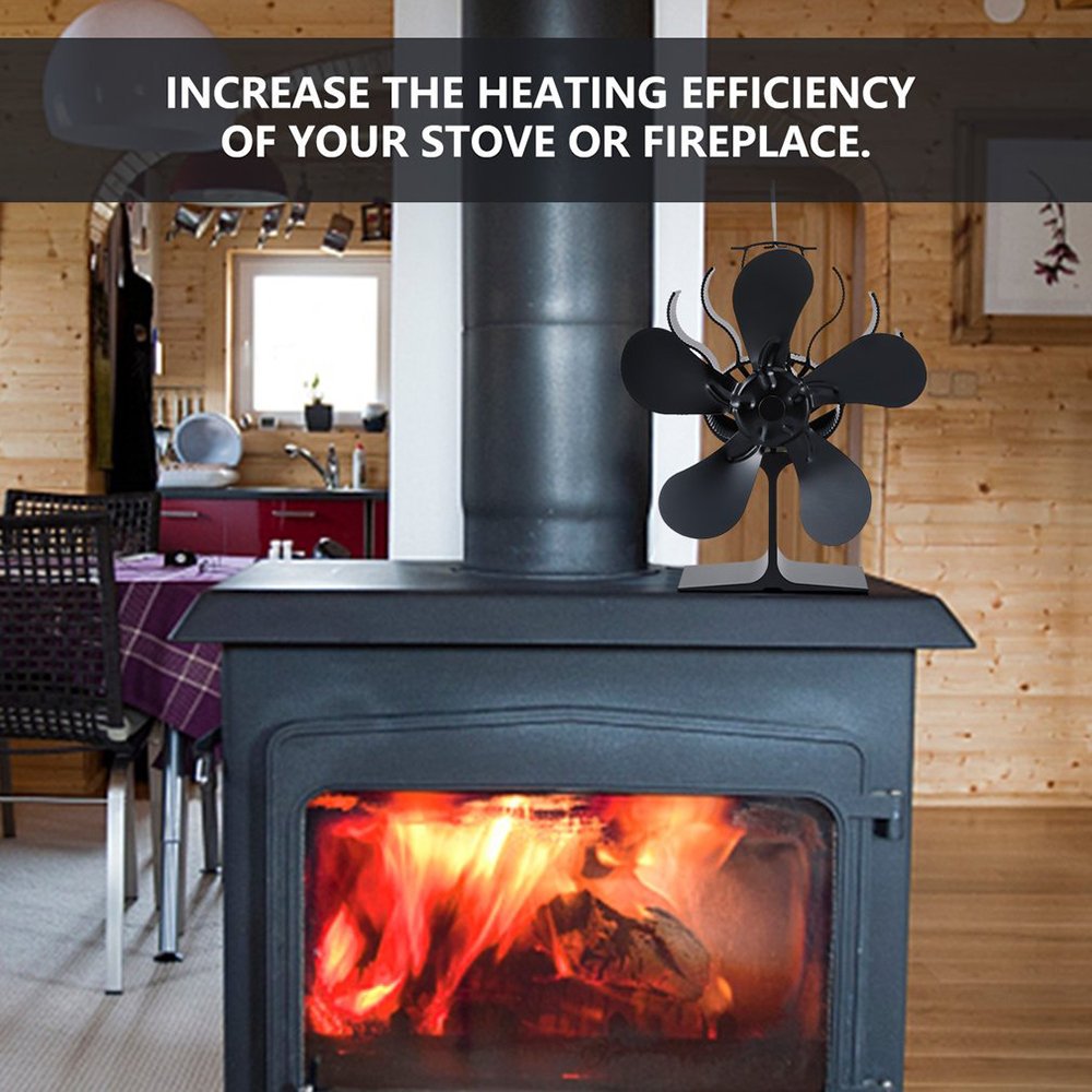 Black Fireplace 5 Blade Heat Powered Stove Fan Komin Log Wood Burner |  Walmart Canada