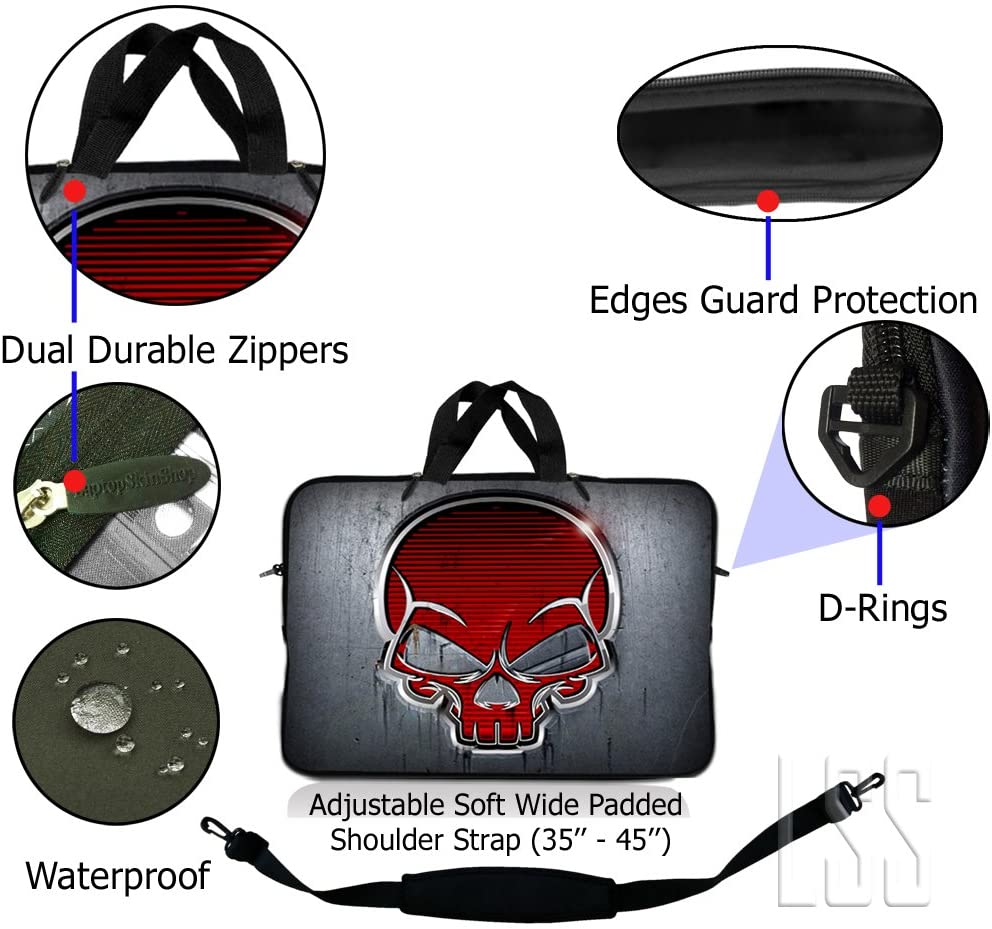 Laptop Skin Shop 17-17.3 inch Neoprene Laptop Sleeve Bag Carrying Case with Handle and Adjustable Shoulder Strap - Silver Red Skull