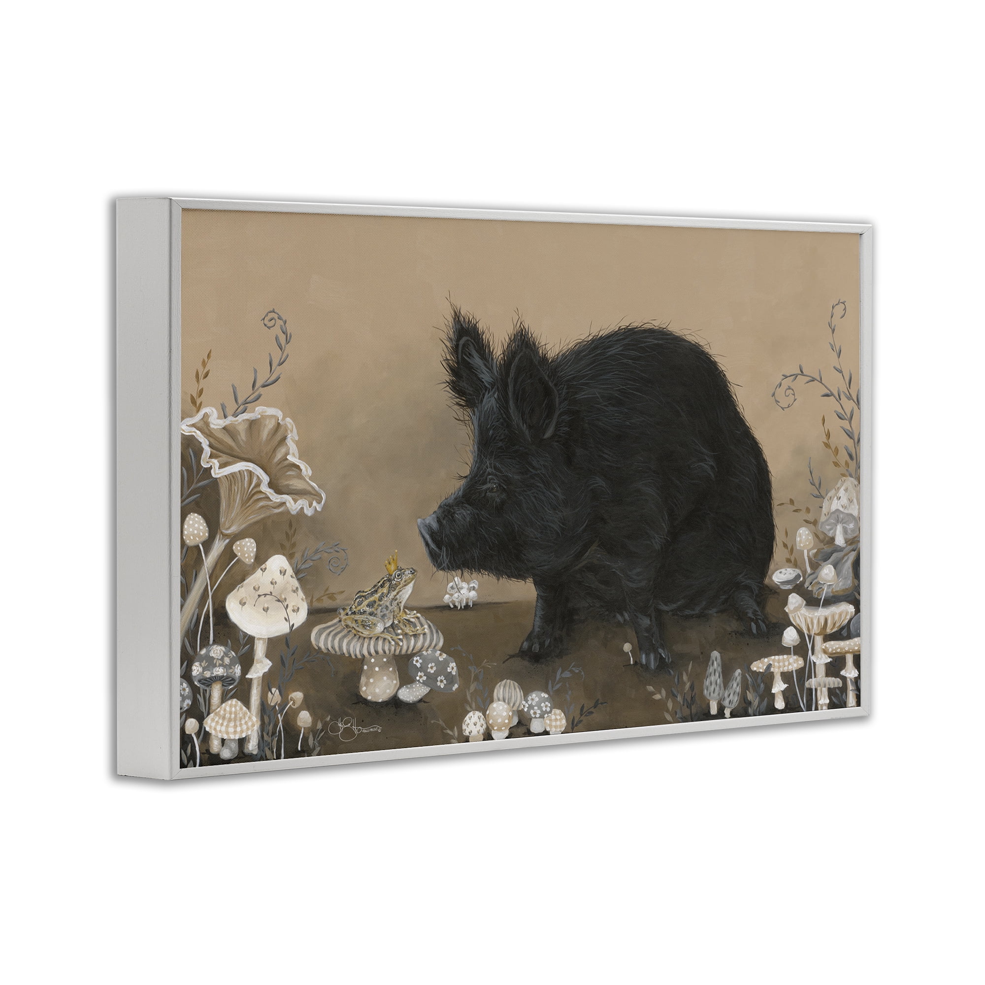 Stupell Industries Hog & Frog with Mushrooms Animals & Insects Painting White Framed Art Print Wall Art, 30 x 20