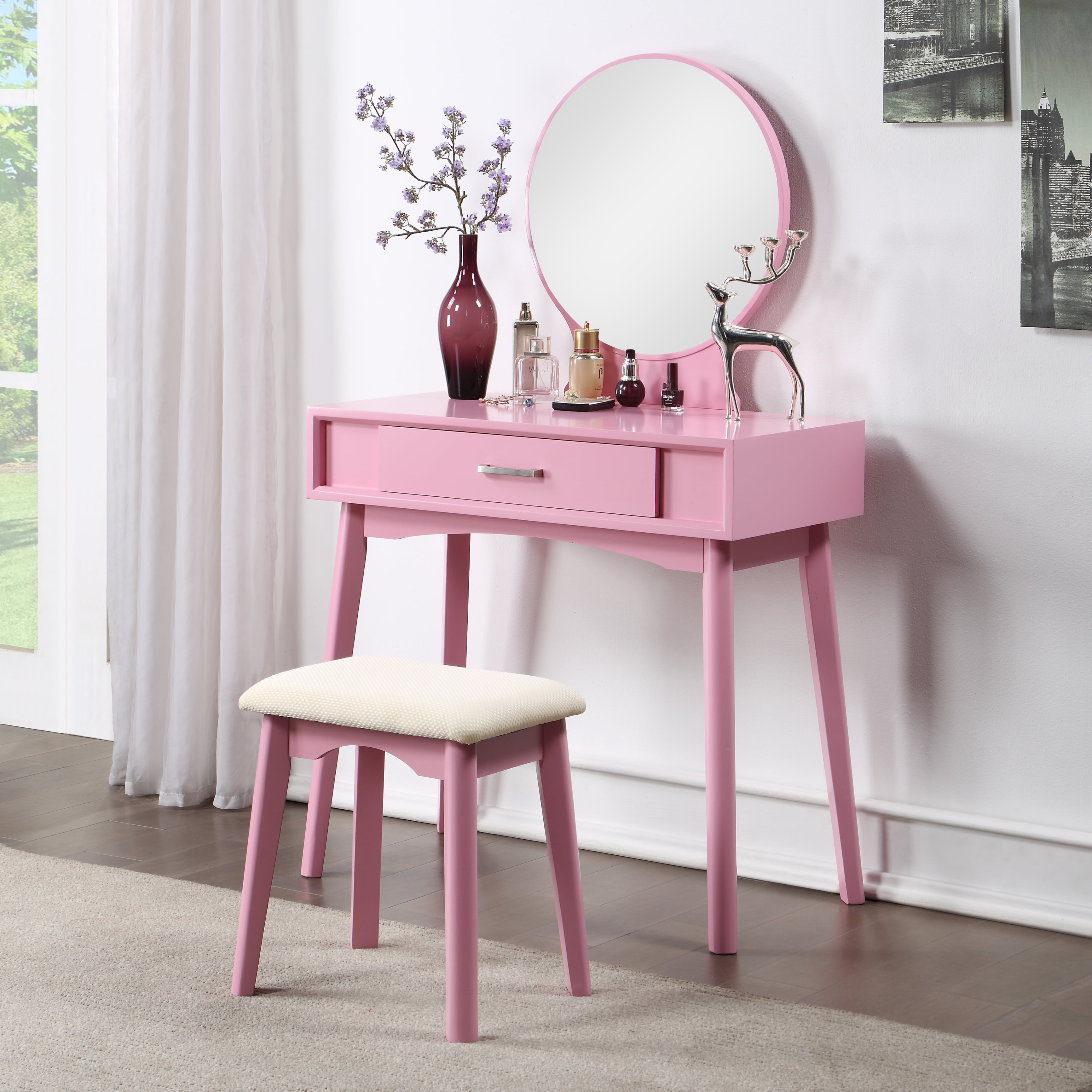 Mintazer Modern Vanity Table Set, Round Mirror Makeup Dressing Table with Drawers & Upholstered Stool for Bedroom, Pink