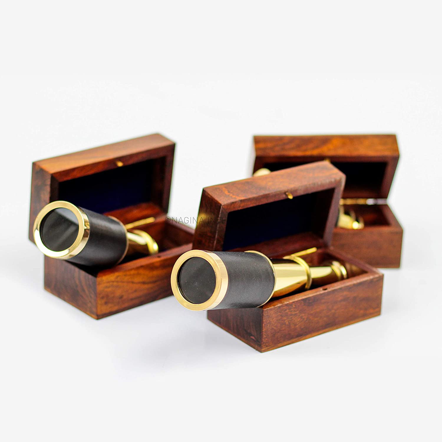 Kids Telescopes & Toys for Gifts by Nagina International Miniature Hand Crafted Brass Telescope Set of 3 with Rosewood Nautical Anchor Inlaid Box 