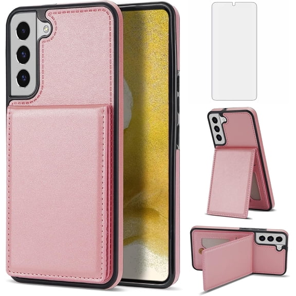 Phone Case for Samsung Galaxy S21 Plus S21 5G Wallet Cover with Tempered Glass Screen Protector and RFID Slim Credit Card Holder Slot Stand Cell S21 5G S21plus 21S S 21 21 G5 Women Girls Rose gold