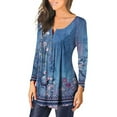 thumbnail image 6 of Elainilye Fashion Womens Tshirts Plus Size Summer Fold Printed Regular Long Sleeve Shirt V Neck Button Tops,Blue, 6 of 8