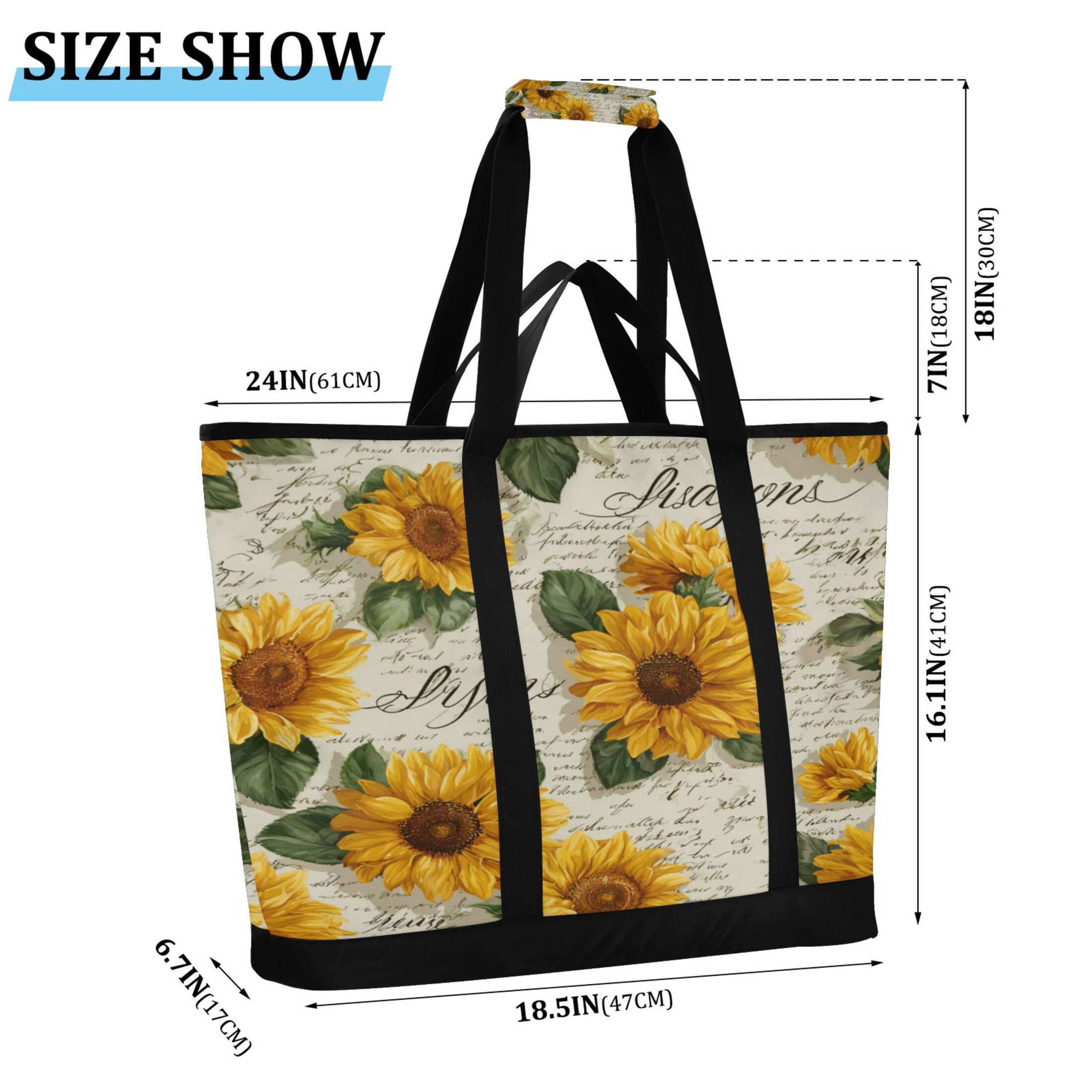 Extra-Large Wide Opening Design Capacity Hand-Held Ice Pack Thickened Insulation Layer For Long-Lasting Cold Retention For Outdoor Shopping Picnics And Camping Vintage Paper with Sunflowers