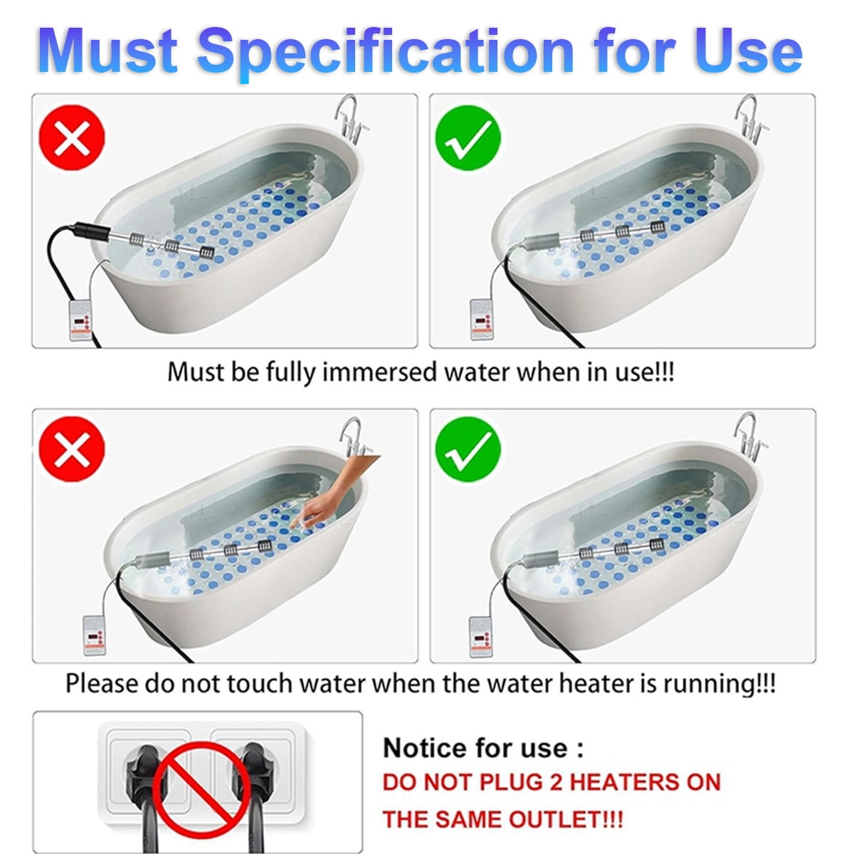 2000W Portable Submersible Water Heater with Thermostat for Bathtubs, Buckets & Inflatable Above Ground Pools
