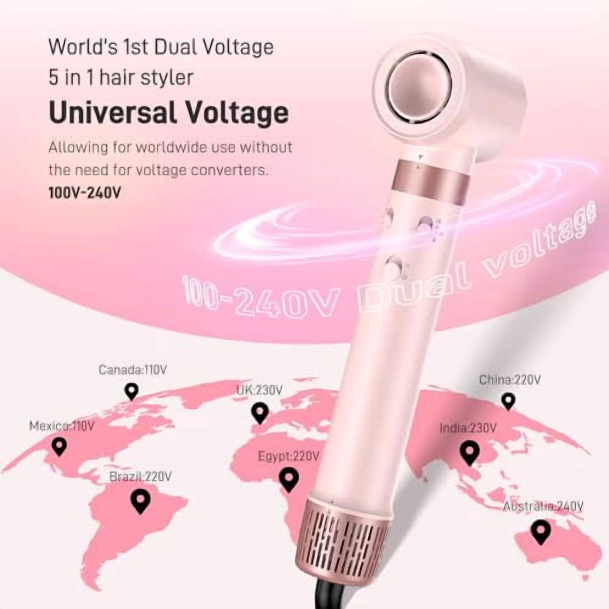 5 in 1 Hair Dryer Brush with Fast Drying Blow Dryer, Dual Voltage Hot Air Styler Wrap, Styling, Straightening & Volumizing with Travel Bag - Pink