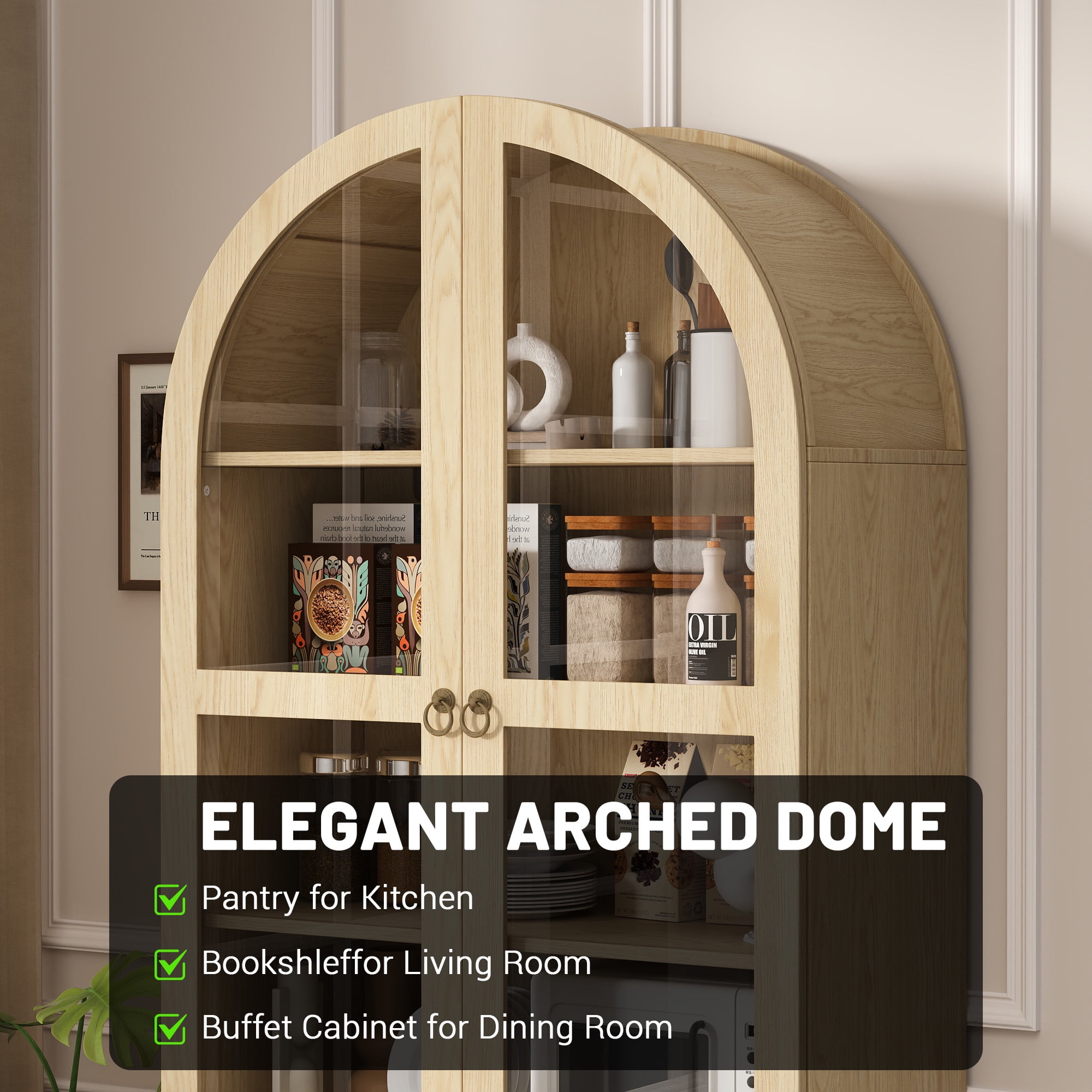 IDEALSOUL Arched Kitchen Pantry Cabinet, 71" Tall Wood Storage Cabinet with 2 Glass Doors, 4 Shelves and 2 Drawers, Food Cabinet for Kitchen, Living Room, Bedroom(Wood color)