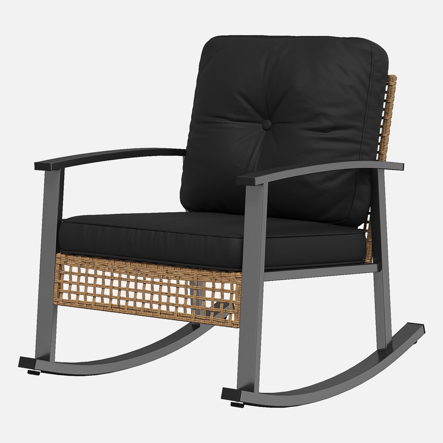BaPiPro 3-Piece Outdoor Rocking Chair Set, All-Weather PE Wicker Patio Furniture with Water-Resistant Cushions, Rust-Proof Steel Frame, 2-Tier Coffee Table, for Porch Backyard, Black