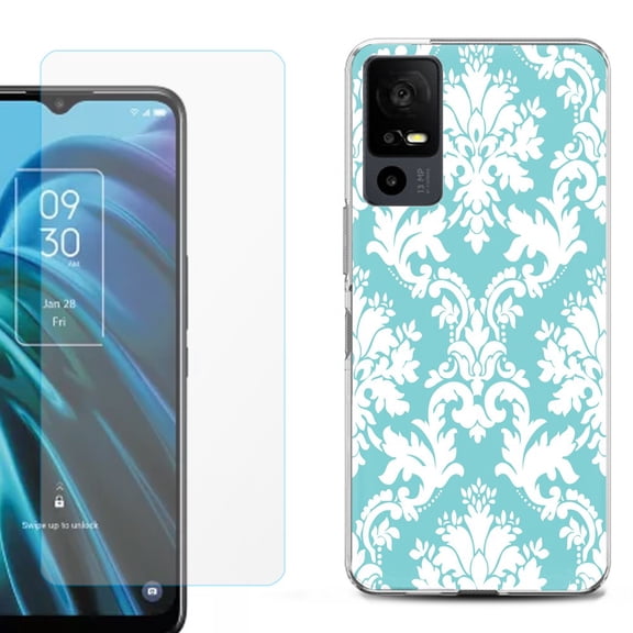 OneToughShield ® for TCL 40 XE 5G Shockproof Fashion Phone Case, with Tempered Glass Screen Protector - Victorian White/Teal