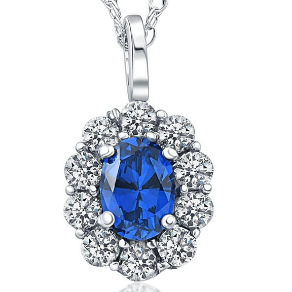 Pompeii 2 ct Oval Created Blue Sapphire & Genuine Diamond Halo Pendant 14K White Gold