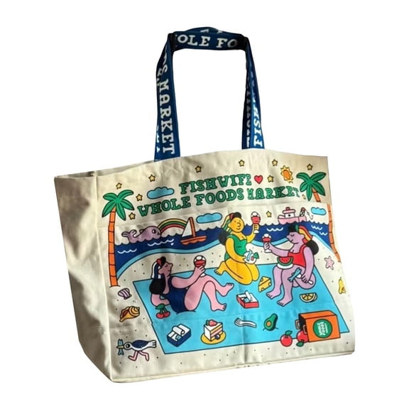 Whole Foods Market Canvas Tote ,Handle bag Beige/Blue Handles LARGE
