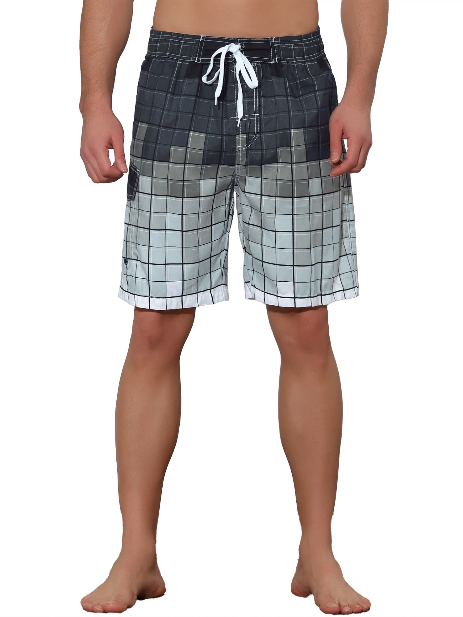 Unique Bargains Men's Hawaiian Drawstring Waist Color Block Plaid Board Shorts 32 Gray