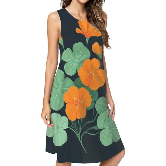 Nasturtiums On Navy Dress Loose Women'S Dress Beach Dresses With Pockets Dresses For Womens