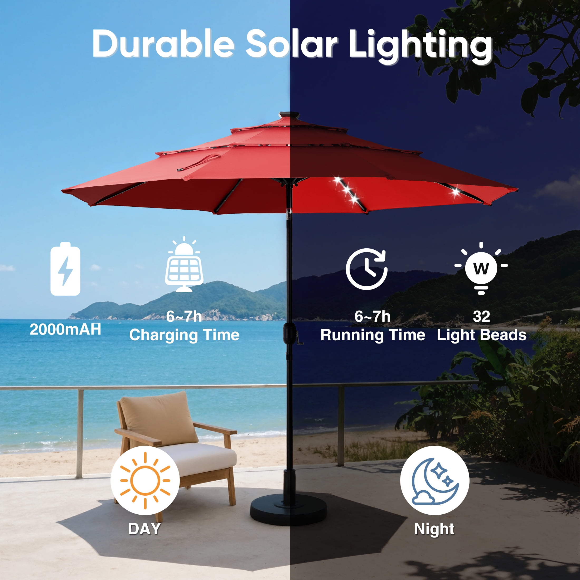 SHOUFTW 9.2ft 3-Tier Solar Patio Umbrella with LED Lights, Tilt, Crank, for Garden, Deck, Pool, Red