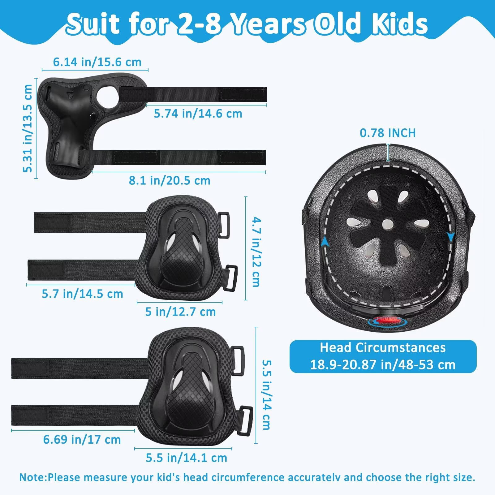 Yiomxhi Adjustable Kids Bike Helmet Set with Knee Elbow and Wrist Pads, Toddler Skateboard Helmet for Ages 3-5-8-14 Boys Girls, Protective Gear Set for Youth, for Scooters Rollerskates