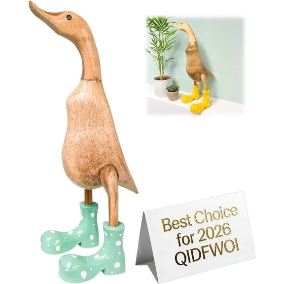 Wooden Duck Figurine with Rain Boots Handcrafted Garden Statue