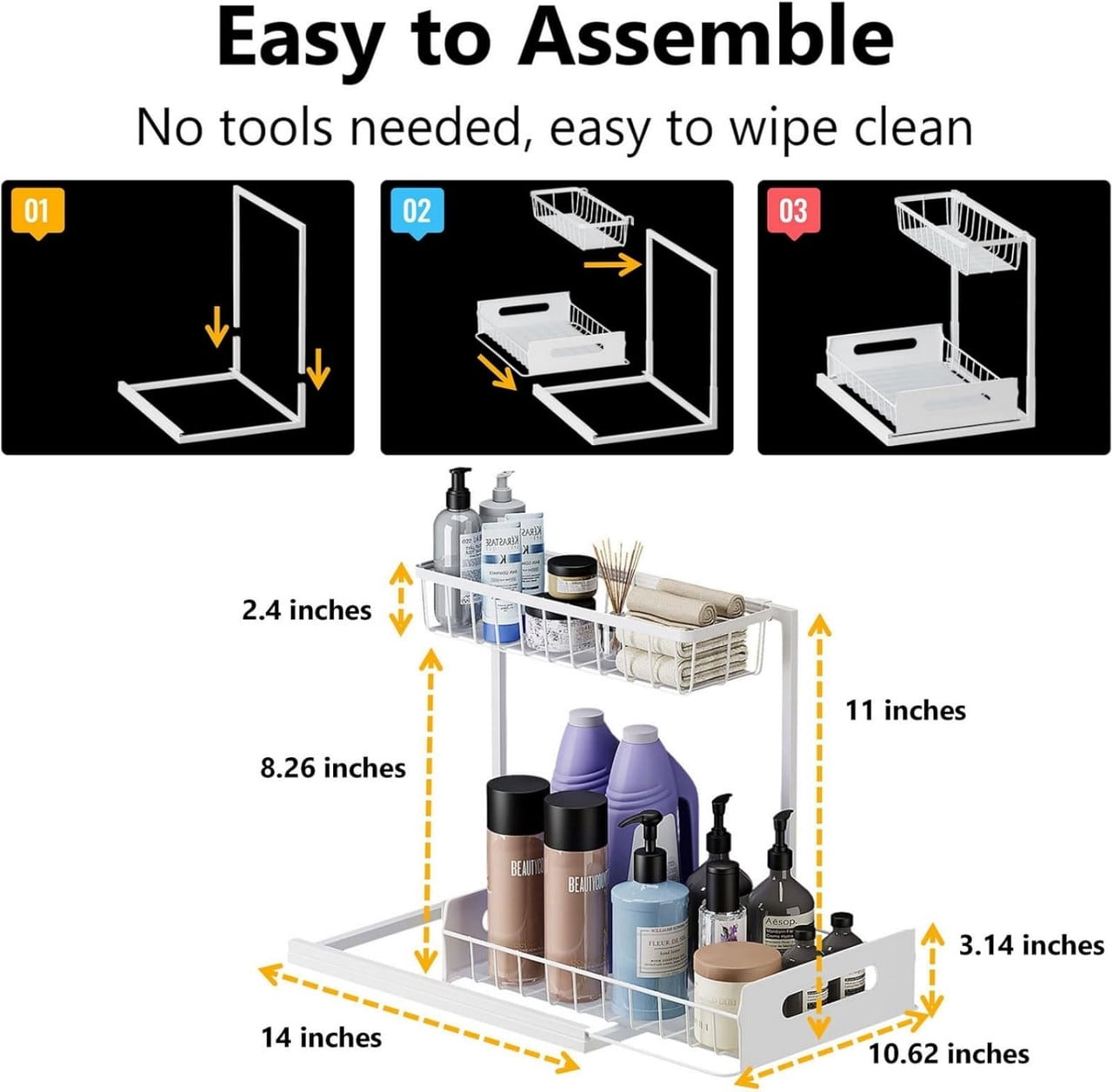 2-Tier L-Shape Under Sink Organizer, Slide Out Metal Kitchen & Bathroom Storage Rack, Kitchen Cabinet Organizer, 1 Pack