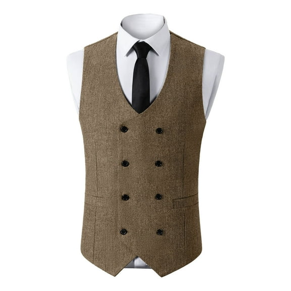 ZCFZJW Double Breasted Western Suit Vest for Men Herringbone Tweed Vest Retro Business Waistcoat Cowboy Style Fall Outwear Brown S
