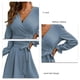 thumbnail image 5 of Vestido de cuello en V Color puro Globo Manga larga Fibra de poliéster Casual Vestido con cinturón para compras diarias Azul S, 5 of 6