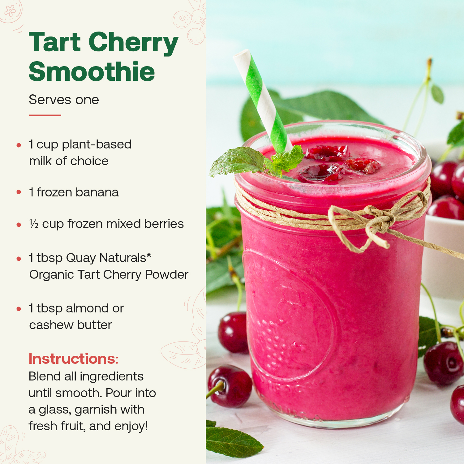 Quay Naturals Organic Tart Cherry Powder, 4oz | Made from US-Sourced Cherries | USDA Organic, Non-GMO, Freeze-Dried, No Additives | Great for Smoothies & Baking