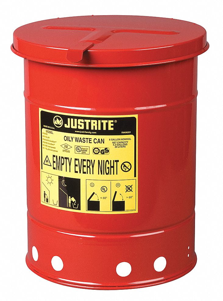 Justrite 09300 Red Galvanized Steel Oily Waste Safety Can 10 Gallon 