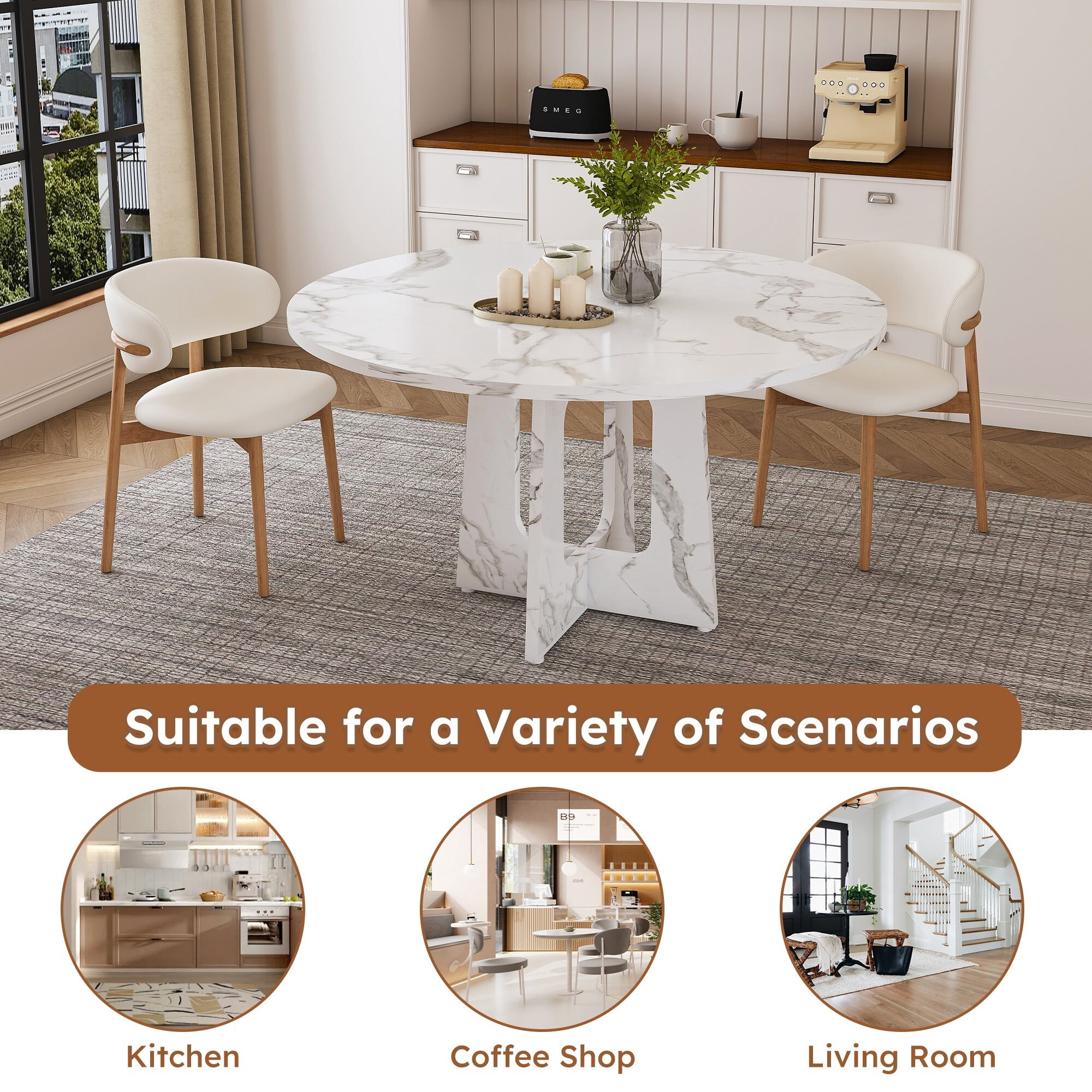AENKYO 47" Round Dining Table, Modern Faux Marble Texture Kitchen Table for 4-6, Heavy Duty Pedestal Base, White