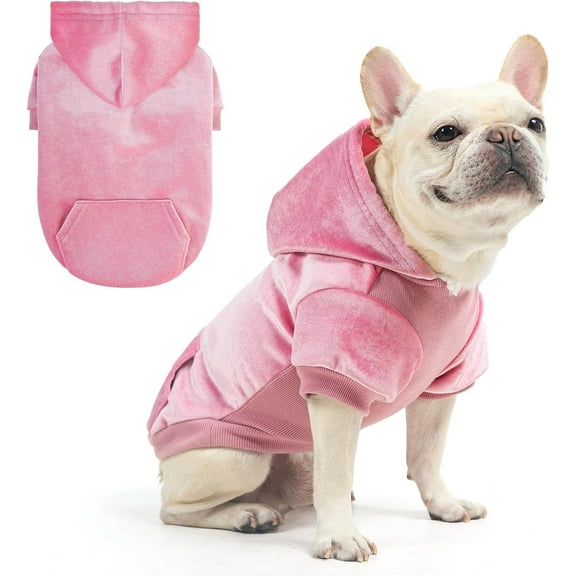 Dog Hoodie Sweaters for Small Medium Dogs- Warm Fall Winter Fleece Jacket for Cold Weather, Soft Velour Hooded Coat with Leash Hole & Pocket, Puppy Sweatshirt Clothes Bulldog Schnauzer, Pink