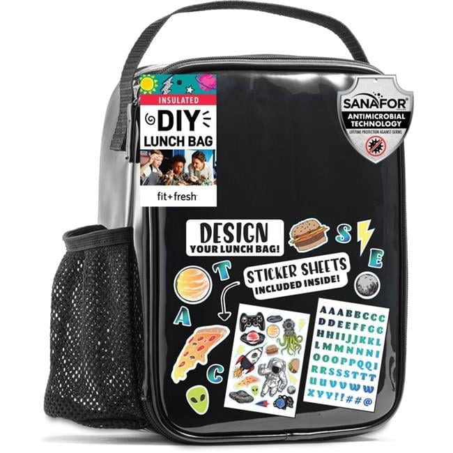 Fit+Fresh DIY Sticker Insulated Lunch Box for Kids, Lunch Box for Girls, Lunch Box for Boys, Black