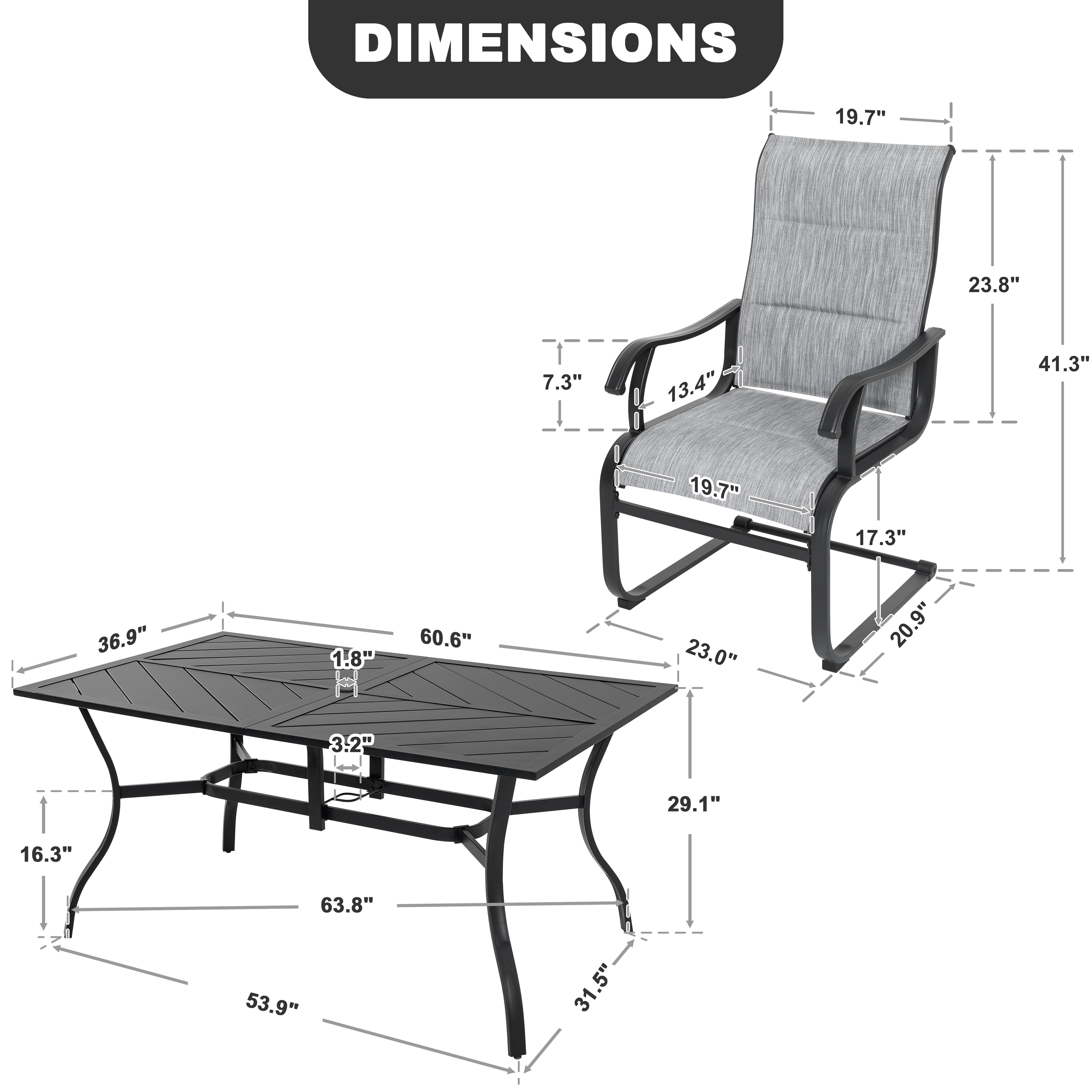 Nuu Garden 7 Piece Outdoor Dining Set, Outdoor Padded Textilene Patio Chairs and 61'' Rectangular Dining Table with Umbrella Hole, Grey & Black