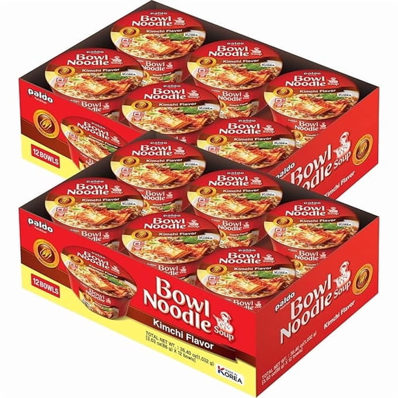 Paldo Bowl Noodle Soup – Kimchi Flavor – 12 Count • 3.03 oz Each • Korean Instant Ramen Bowl • Spicy Pickled Cabbage Broth