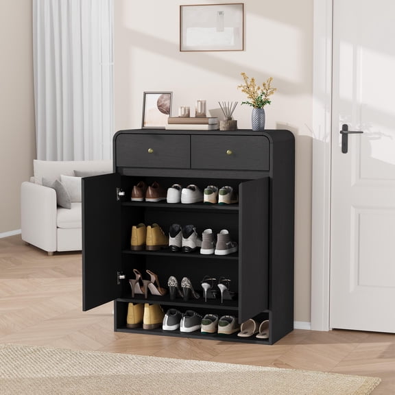Narrow Shoe Cabinet, Slim Entryway Shoe Storage with Adjustable Shelves & 2 Drawers, Anti-Tip Modern Organizer for Living Room, Hallway