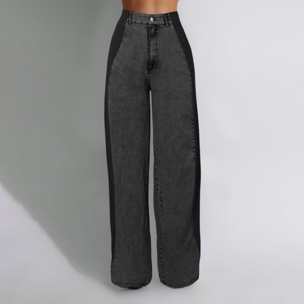 WILLBEST Pantalones Casuales para Mujer, Vaqueros elegantes con Rayas de Patchwork, Cintura Alta, Corte Holgado, Vaqueros con Bloques de Color, Pantalones Rectos de Pierna Ancha Grande