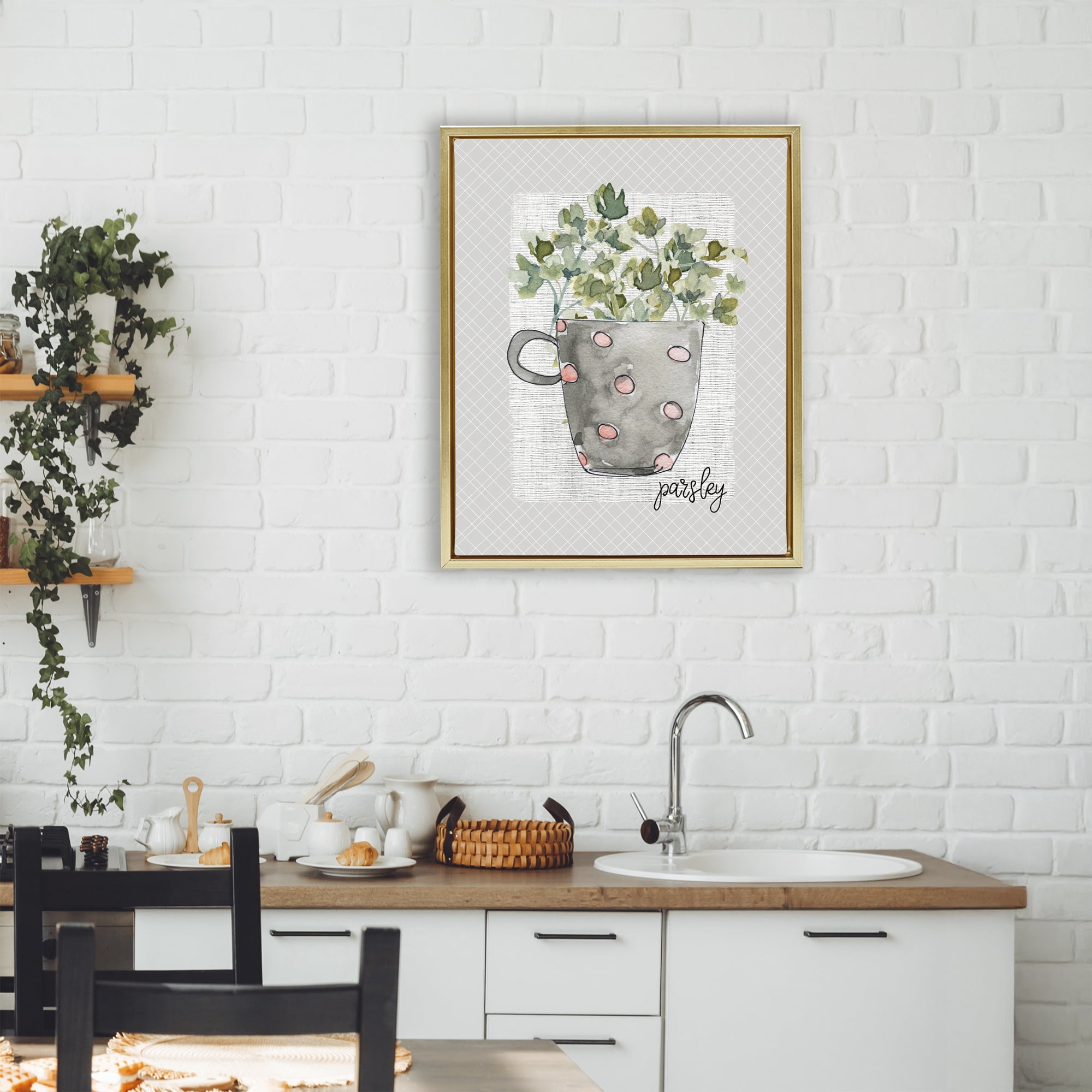 Stupell Industries Parsley Herb Mug Gold Framed Floater Canvas Wall Art, design by Livi Finn