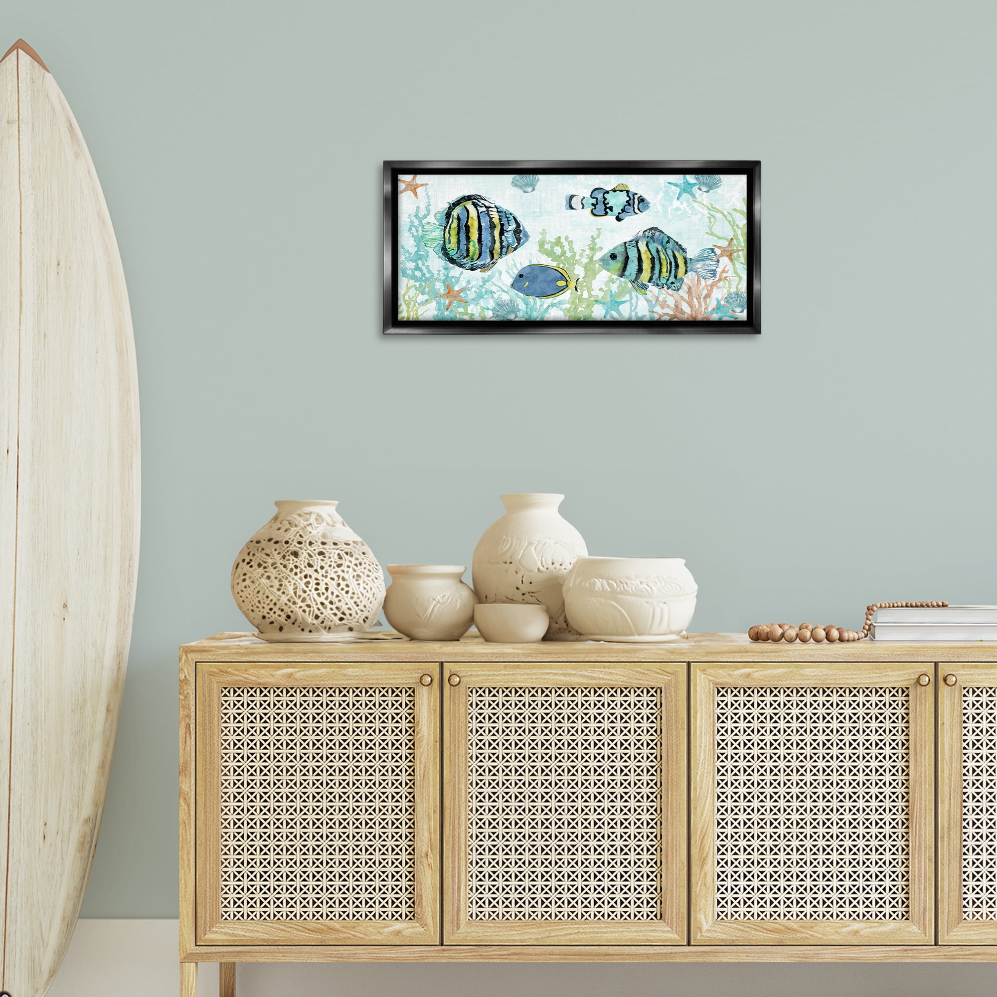Stupell Industries Various Fish Underwater Animals Painting Black Floater Framed Canvas Art Print Wall Art, 31 x 14
