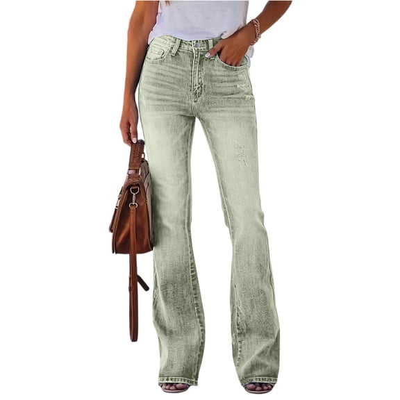 LWavelet Women High Waisted Flare Jeans Khaki Washed Distressed Denim Pants Retro Bell Bottom Casual Denim Trousers Light Green S