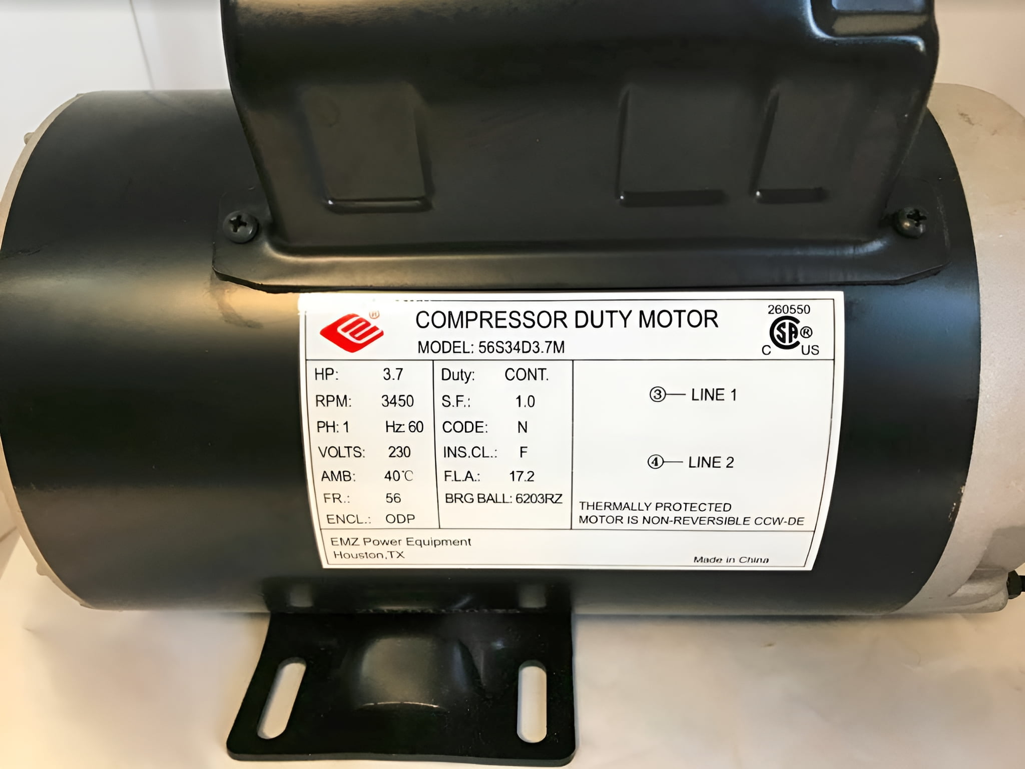EMZ Husky VT6314 3.7 HP 3450 RPM Single Phase Replacement Motor 60 Gallons
