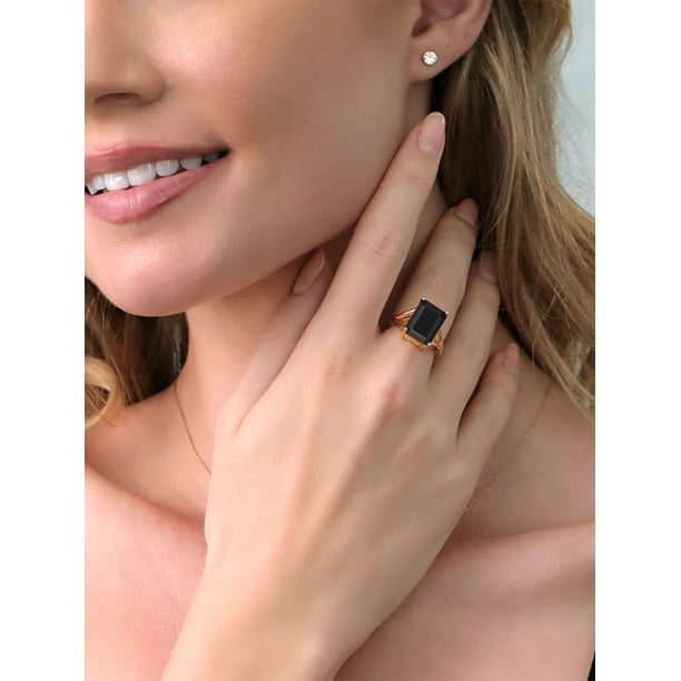 Gem Stone King 18K Yellow Gold Plated Silver Black Onyx Ring for Women 6.60 Cttw Emerald Cut 14X10MM Gemstone Birthstone Available in Size 5 6