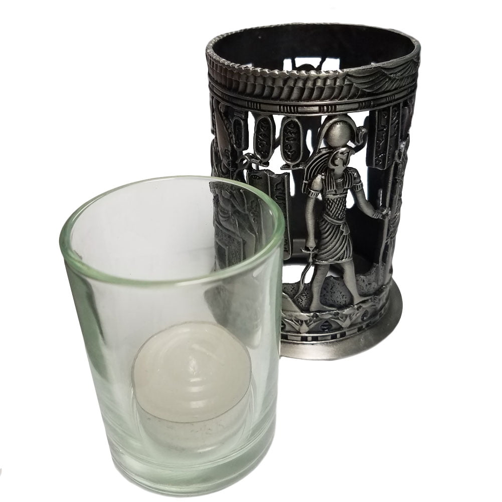 Egyptian Design Candle Holder Glass Votive Tea Light Cast Metal Pewter Decor