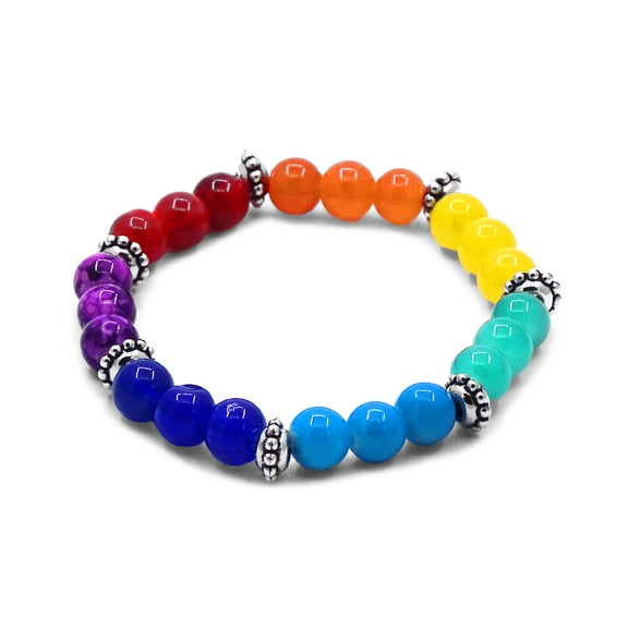 Rainbow Chakra Healing Gemstone Ball Beaded Bracelet - Womens Fashion Handmade Jewelry Boho Accessories
