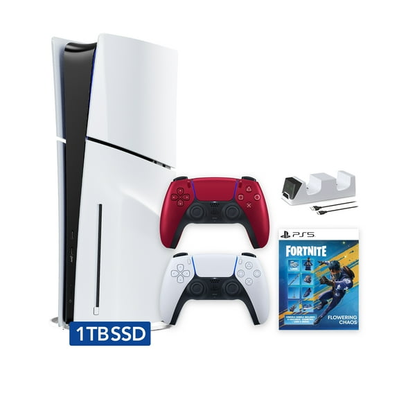 PlayStation 5 Slim Disc 1TB SSD Fortnite Flowering Chaos Bundle with Two Controllers, White and Volcanic Red DualSense and Mytrix Dual Controller Charger - PS5 Slim Disc Edition