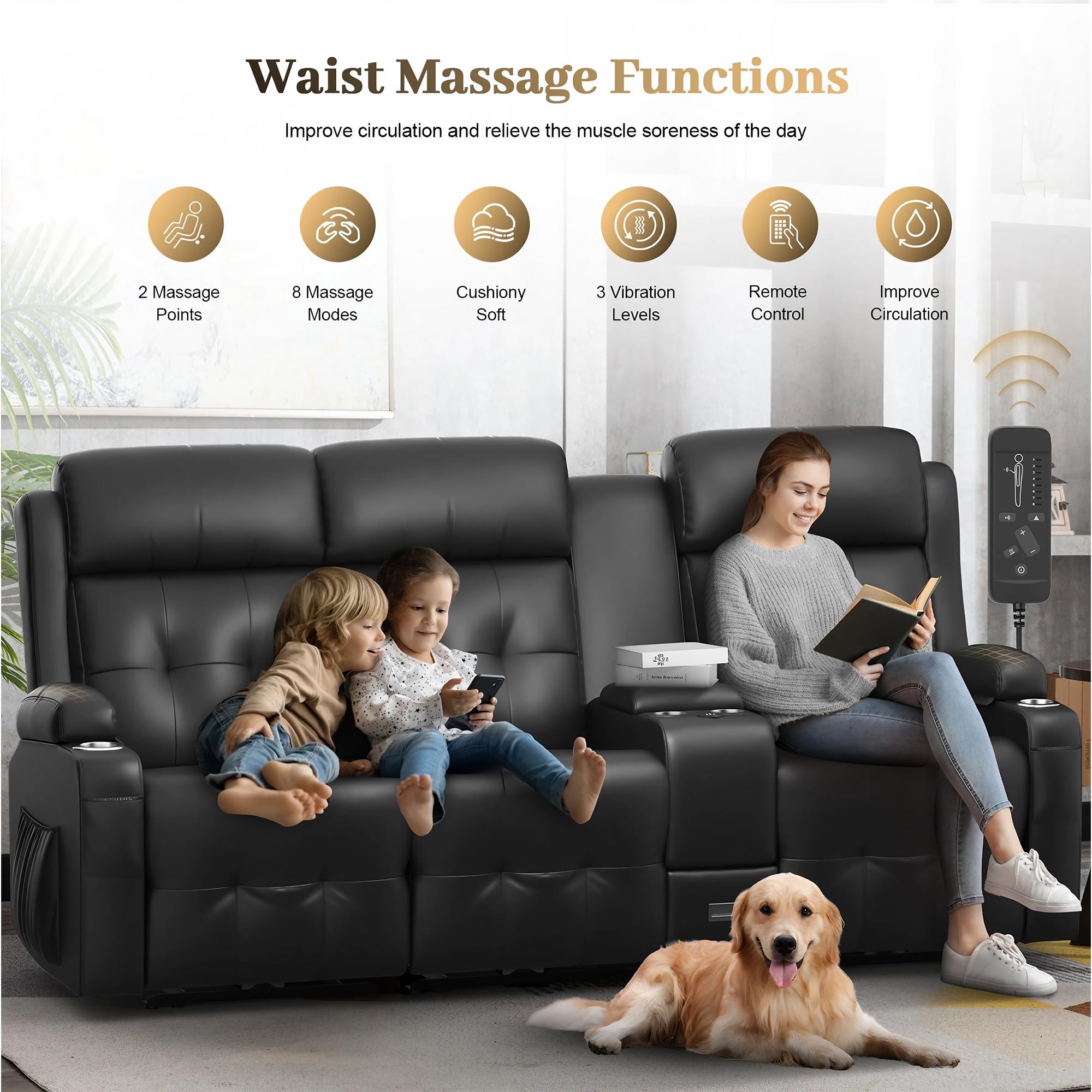 LOBERFVE Recliner Sofa, Massage Reclining 3 Seater Sofa Sets, RV Loveseat Recliner with Console, USB, Type C Port, Storage, Cup Holders, Wall Hugger Chair for Living Room, Black