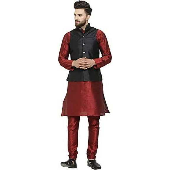 Royal Kurta Men's Dupion Silk Achkan Indowestern Kurta and Pyjama Set (44, White-Maroon)